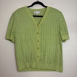 St. John Collection Green Knit Button‎ Top Size L Short Sleeve Dog Show